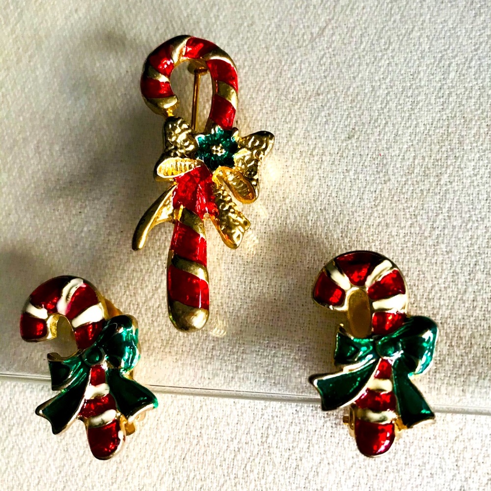 Candy Cane Pin & Clip Earring Set